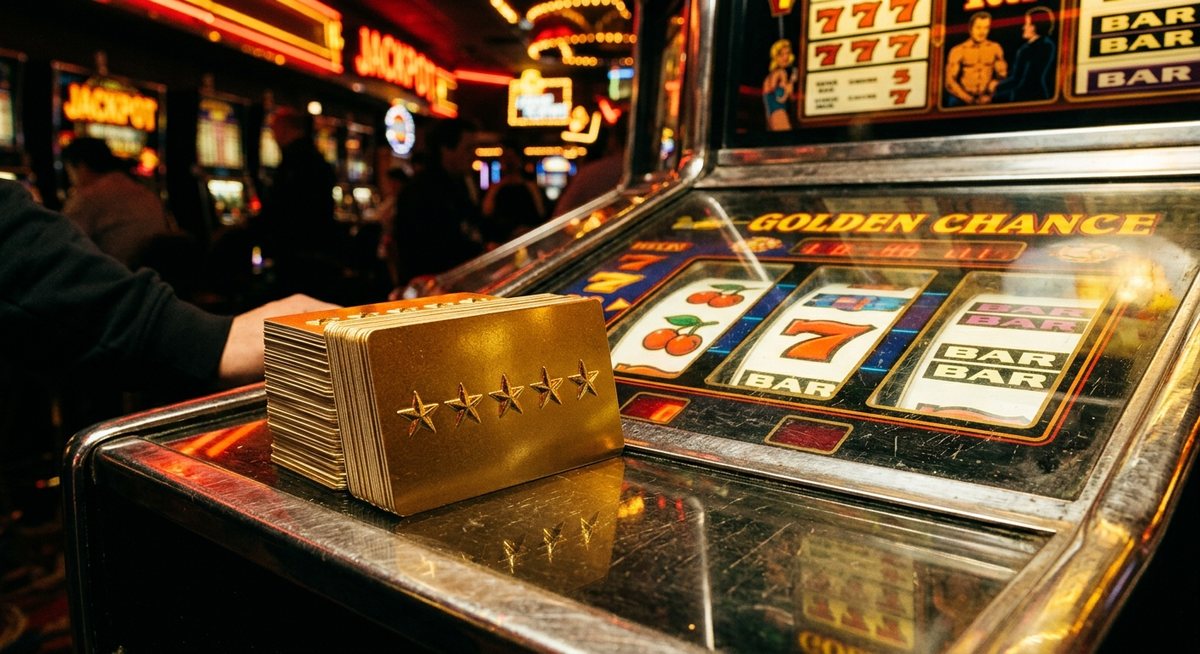 Tumpukan kartu rating bintang lima di atas meja kabinet mesin slot dengan gulungan BAR dan diamond menyala merah dan emas