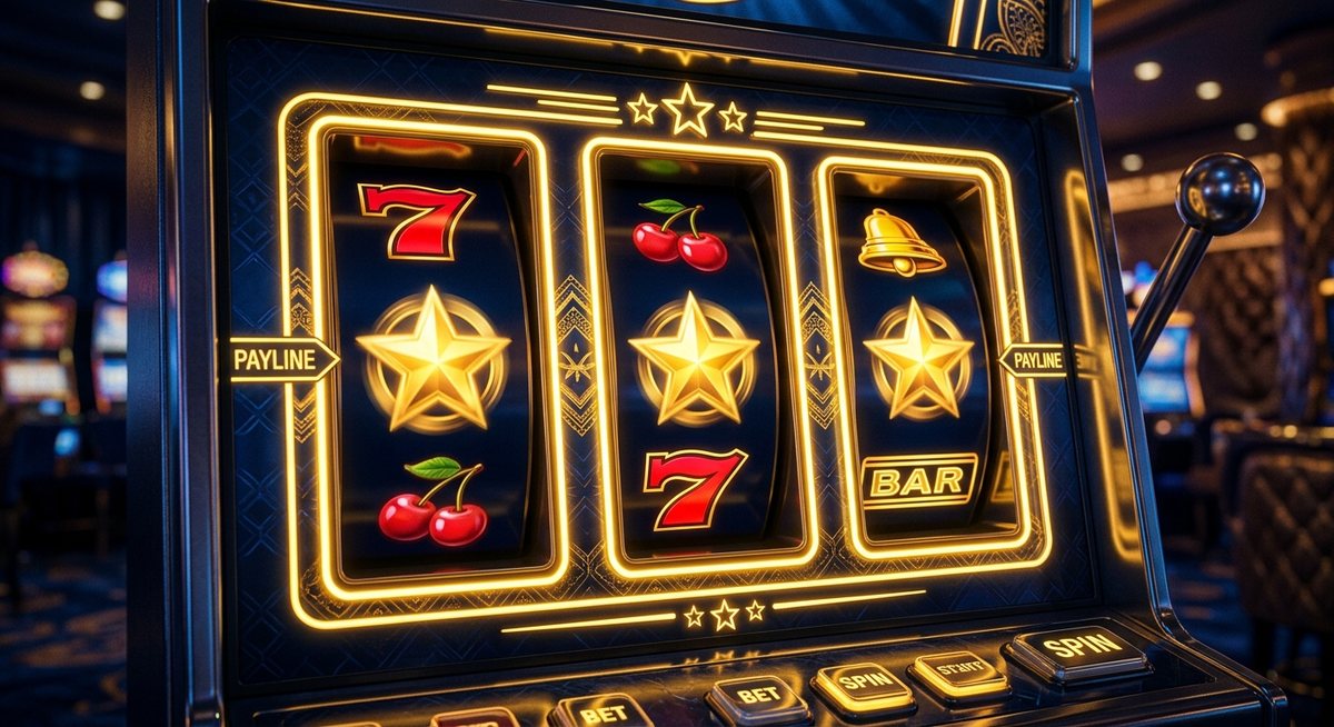 Bintang lima emas berputar di gulungan mesin slot bersama simbol ceri tujuh bel dan BAR dengan cahaya neon emas