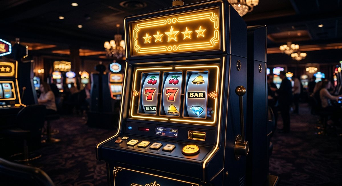 Kabinet mesin slot dengan panel rating bintang emas menyala di bagian atas, gulungan ceri tujuh bel dan BAR berputar di ruang biru gelap
