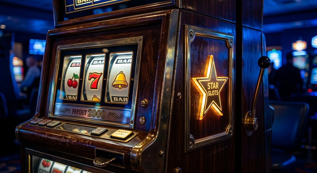 Kabinet mesin slot klasik dengan panel bintang rating emas menyala di ruang gelap